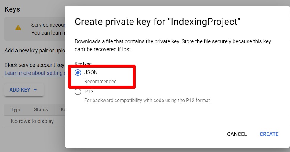 Создание JSON-ключа