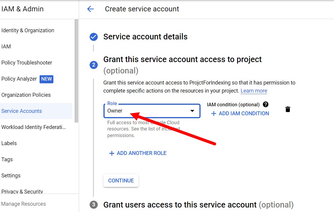 Назначение роли для нового сервисного аккаунта в Google Cloud Platform