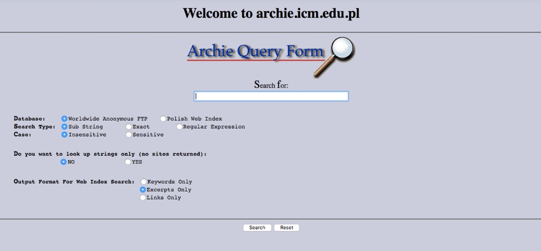 Интерфейс главной страницы прародителя поисковиков Archie