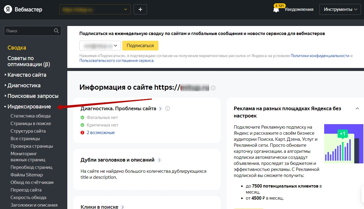 Информация об индексации страниц сайта в Яндекс Вебмастер